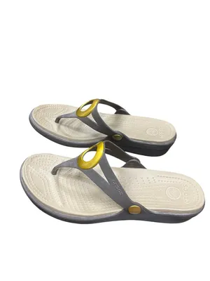 Crocs wms gray faux leather gold ring peep toe sling sandals sz 9W SKU 10-278 thumbnail 4