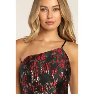 NWT Womens Size Small Lulu's Black Red Floral Jacquard One-Shoulder Mini Dress thumbnail 4