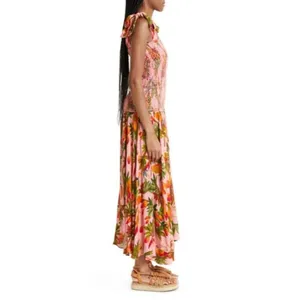 FARM RIO Mango Trees Smocked Bodice Midi Dress in Mango Trees Pink Size Small thumbnail 4