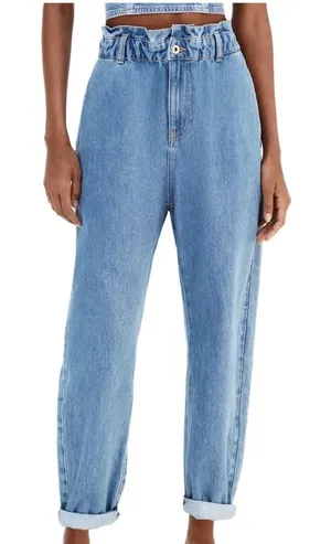ZARA‎ Cotton High Waist Paperbag Baggy Tapered Blue Jeans Womens Size 8 EUR 40 thumbnail 1