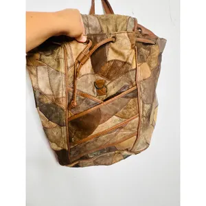 Vintage 1980s/90s Brown Leather Patchwork Clip Front Drawstring Backpack Bag thumbnail 12