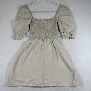 Reformation Oatmeal Beige‎ 100% Linen Smocked Puff Sleeve Mini Dress Size S thumbnail 7
