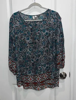 Catos Women's Slit Sleeve Paisley Blouse Size Large Back Teal thumbnail 1