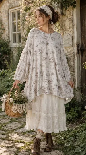 Magnolia Pearl Floral Slub Cotton Oversized Top Women OS Cream Good Distressed thumbnail 1