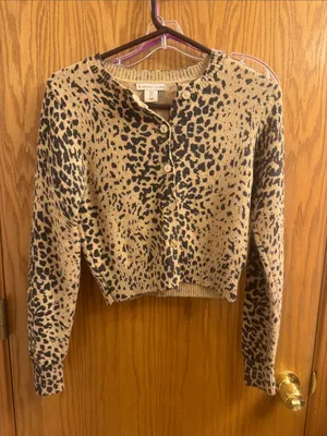 Sincerly Jules Leopard-Print Cropped Cardigan in Tan and Black thumbnail 1