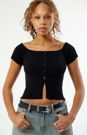 NWT PAC SUN LA Hearts Black Off-The-Shoulder Button Front Sweater Size XS thumbnail 1