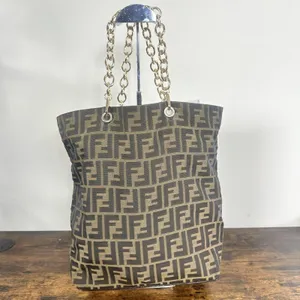 Fendi Vintage Zucca Tote Bag Womens Large Brown Canvas Leather Chain Strap Italy thumbnail 2