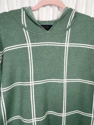 Rachel Roy Sweater Medium Plaid Knit Hoodie Green White Women's Soft Cozy thumbnail 5