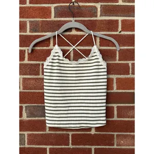 American Eagle Lace Trim Striped Cami Tank Top XS Olive Ivory Y2K Cottagecore thumbnail 2