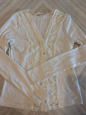 LoveShackFancy Natine Cardigan Ivory Size Small Lace Trim Button Front thumbnail 1