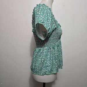 Willow + Root Peplum Top M Green Floral Smocked Square Neck Puff Sleeve Fairy thumbnail 4