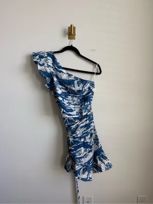 Reformation Toscana One Shoulder Wrap Linen Mini Dress Blue White Size 4 thumbnail 3