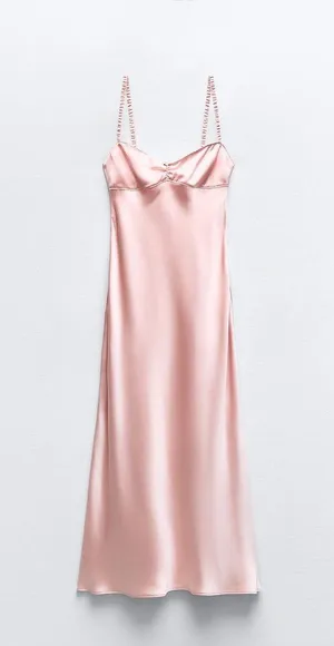 ZARA dress maxi midi Light Pink satin effect wedding party cocktail thumbnail 5