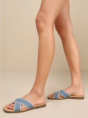 DV by Dolce Vita Light Blue Denim Cross-Strap Slide Sandals with Cream Stitching thumbnail 3