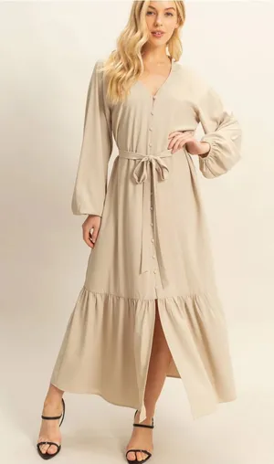 HYFVE Tan V-Neck Tie-Waist Maxi Dress thumbnail 1