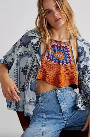 New Sz Large L Free People Bella Crochet Cropped Crop Halter Tank Top Shirt Boho thumbnail 1