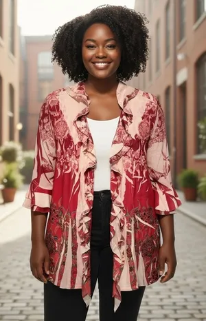 Dressbarn Woman 3X Red Pink Floral Embellished‎ Ruffle Open Front Topper thumbnail 1