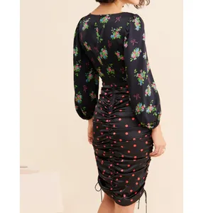 For Love‎ & Lemons Wilson Print Dress Small Black Floral Polka Dot Ruched Mini thumbnail 2