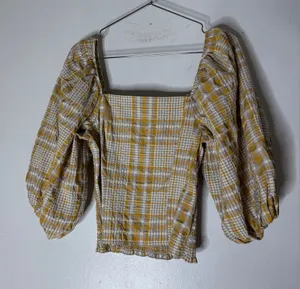 Anthropologie Maeve Plaid Square-Neck Blouse Yellow Natural‎ Motif Size XS thumbnail 1