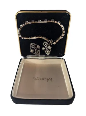 Monet Jewelry Set Women OS Art Deco Rhinestone Bracelet Stud Earrings Silver * thumbnail 1