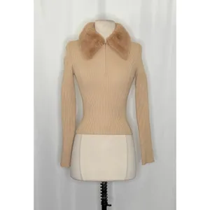 NWT!! ZARA Faux Fur Lapel Knit Sweater Tan‎ Light Brown Zipper Pullover Small thumbnail 2
