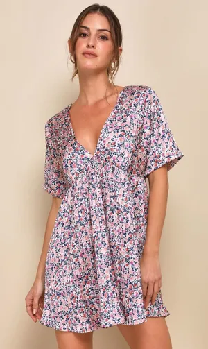 NWT Lulus Express Yourself Blush Pink Floral Print Satin Babydoll Dress Party L thumbnail 1