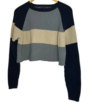 Structure Women's‎ L Ribbed Knit Crop Sweater Multi Blue Chunky Stripe Nautical thumbnail 1