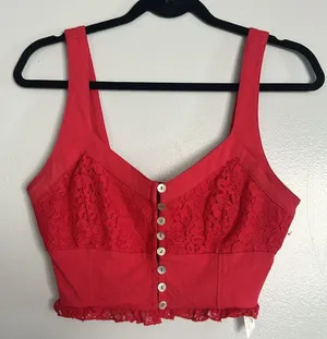 Free People Pink ButtonUp Lace Cropped Top thumbnail 1