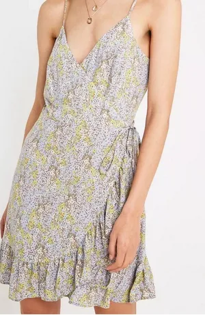 Free People All My Love Wrap Dress Blue Yellow Floral Mini Ruffle Hem size M thumbnail 1