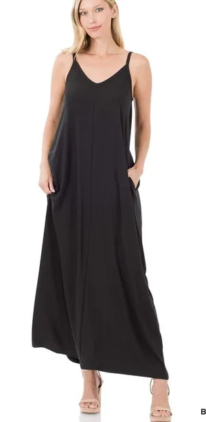 Zenana V-Neck‎ Cami Maxi Dress with Side Pockets - Small thumbnail 1