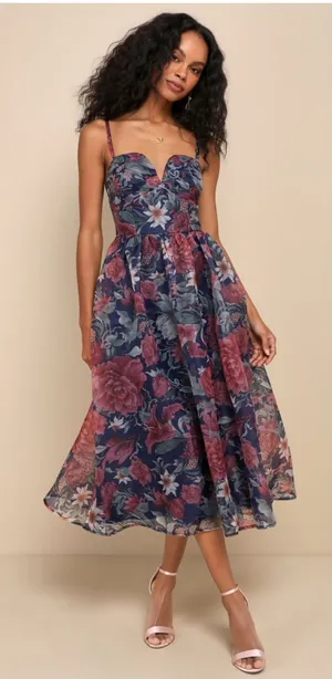 Lulus Cherished Aura Navy Blue Floral Organza Bustier Midi Dress thumbnail 1