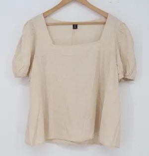 SHEIN 2 Piece Set Womens 1XL Linen Blend Beige Puff Sleeve Wide Leg Excellent thumbnail 1