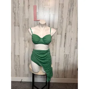 Green Sparkle 3-Piece Bikini Set Women’s Size L | Ruched Top + Bottoms + Sarong thumbnail 2