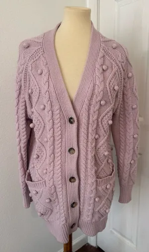 Aritzia Wilfred Alps Cardigan Soft Merino Wool Cable Knit Pom Poms Purple Small thumbnail 1