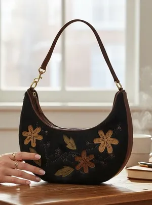 Floral Embroidered Pony Hair Crescent Hobo‎ Bag Black Brown Leather Strap Boho thumbnail 1