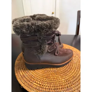Earth Zurich Basel Brown Leather Faux Fur Trim Lace Up Ankle Boots Java Multi 7M thumbnail 2