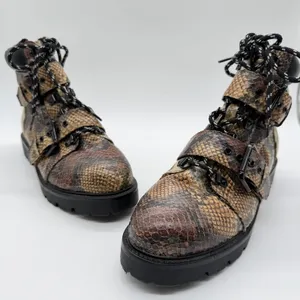 ASOS Womens Snakeskin Print Combat Boots Brown Lug Sole Buckle Side Zip Size 6 thumbnail 1