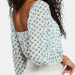 Free People Floral Deep V-Neck Blouse - White and green thumbnail 2