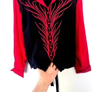 Vintage Bob Mackie 100% Silk Blouse Black Red Western Embroidered Flames 90s L thumbnail 4