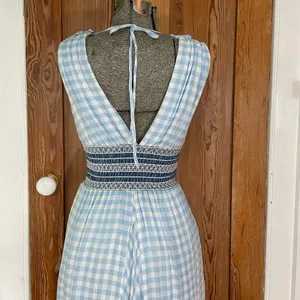 💥ALLEN SCHWARTZ Delilah Blue Gingham Smocked Waist Knee Length Dress XS💛 thumbnail 10