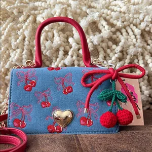 Betsey Johnson Cherry Embroidered Denim Handbag with bag charm NWT thumbnail 1