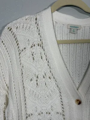 Sundance Women M White Hand Knit Cardigan Sweater 100% Cotton Cable Knit Pockets thumbnail 4