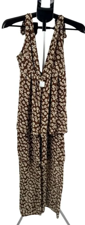 NWT Urban Outfitters Tie Straps Brown Floral Maxi Romper Boho‎ Cottagecore XS thumbnail 1