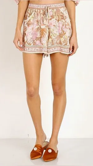 High-Waist Floral Pink & Tan Drawstring Shorts with Lace Trim thumbnail 1