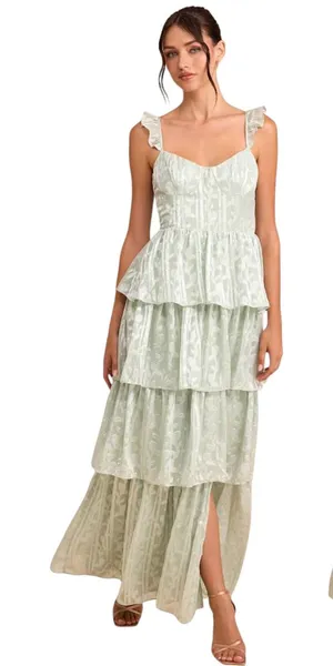 Lulus Stunning Glory Sage Green Floral Jacquard Tiered Maxi Dress size XS NWT thumbnail 1