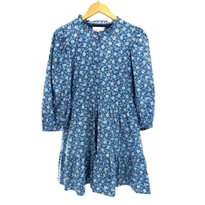 Hyacinth House Blue Floral Tiered Mini Dress Ruffle Neck 3/4 Puff Sleeve Small‎ thumbnail 3