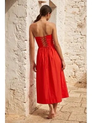 NWT Reformation Buckley in Paprika Red Organic Cotton Strapless Midi Dress 10 thumbnail 2