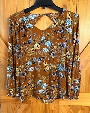 Papermoon Women’s Brown Multicolor Floral Long Sleeve Blouse Top Size Small (733 thumbnail 1