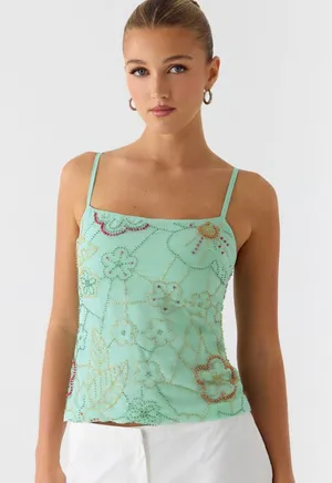 Peppermayo Mint Green Beaded Cropped Tropical Tank Top thumbnail 1