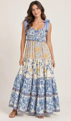 Free People Tie Strap Printed Boho Maxi Dress Size XS thumbnail 1